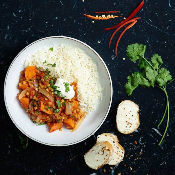 Lins- och morotsgryta med chili, ingefära och koriander